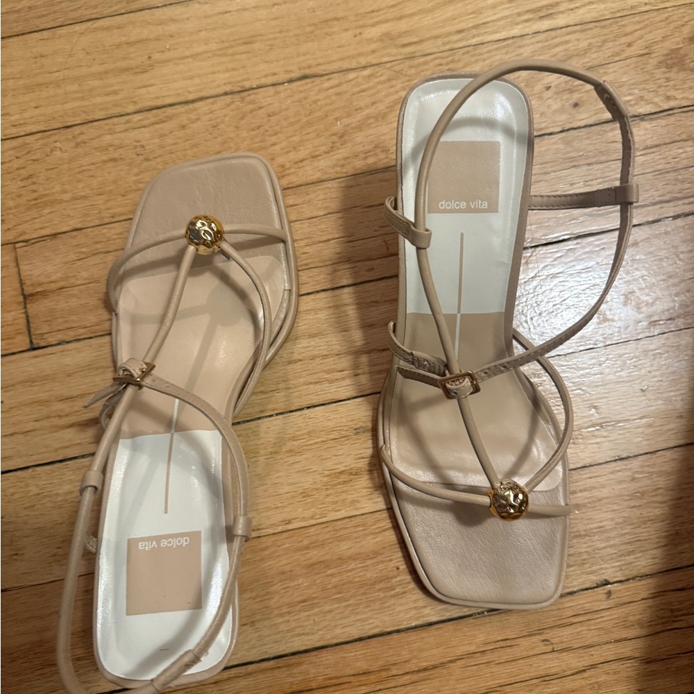 Dolce Vita Beige Strappy Sandals with Gold Accents